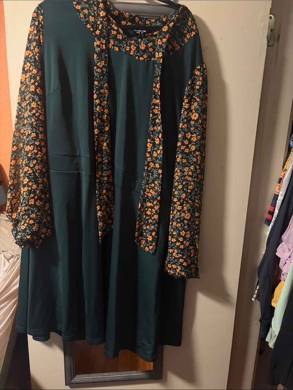 BloomChic Dark Teal Long Sleeve Dress with Orange Floral Accents
